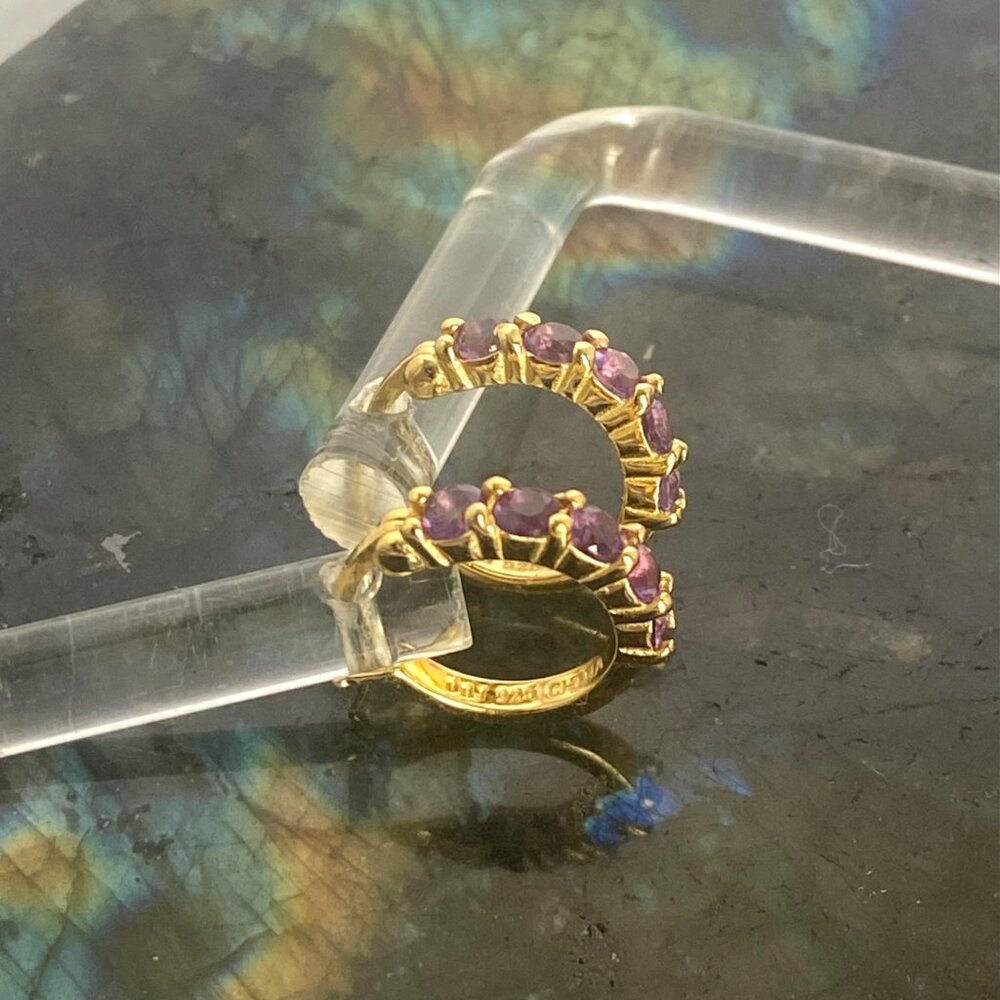 Gold Vermeil Sterling Silver 925 DBJ Round Amethyst Small Huggie Hoop Earrings - Picture 3 of 16